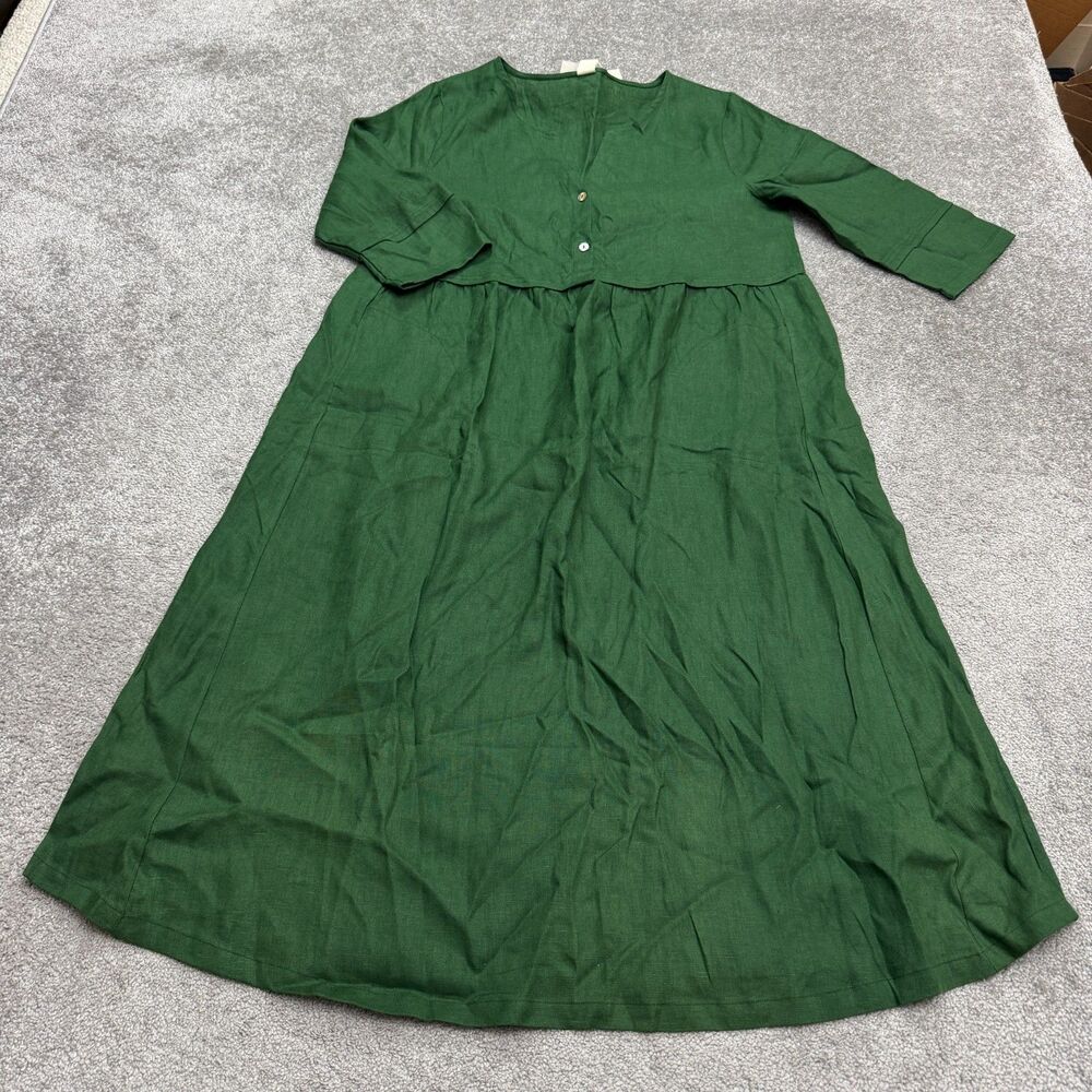 Lintico Linen Half Sleeve Shift Midi Dress Womens XL Green V-Neck Pockets NWT
